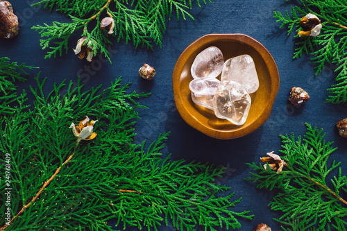 Fotografie, Obraz Clear Quartz and Garnet with Incense Cedar