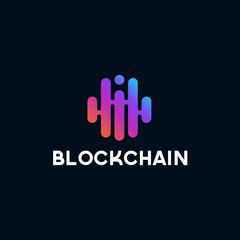 Poster - Blockchain line icon logo concept on dark background. Cryptocurrency data sign design. Abstract geometric block chain technology business sign. Vector illustration