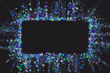 Wall Mural - Party frame made with confetti texture with copy space for text on a black background. Color explosion of confetti. Colorful grainy dust abstract texture. Blue background design element.