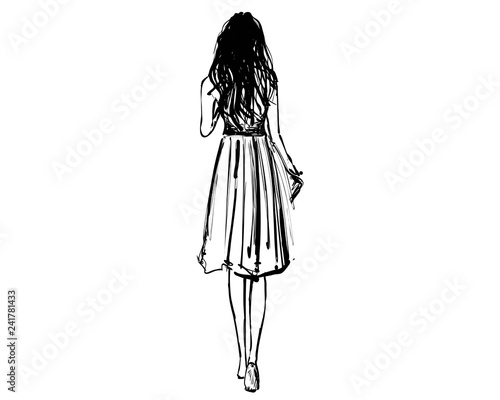 Girl Walking In The Dress View From Behind Fashion Sketch