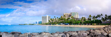View Of The Kahanamoku Beach With Hotels Building And Rainbow, Honolulu