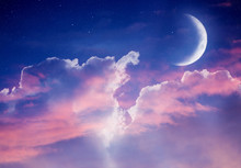 Ramadan Dusk Picture. Beautiful Religious Background With Crescent, Stars And Glowing Clouds.