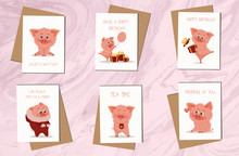Postcard Collection Posters With Cute Pig And Slogan. Symbol Of The Year In The Chinese Calendar. Vector Cartoon Isolated Illustration. Year Of Yellow Pig