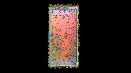 Wall Mural - Smartphone covered with germs, bacteria, viruses, microbes. 3d rendering. Black background. High bacterial population