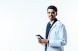 © Carlos David - Portrait of a man in business suit, lab coat and protective glasses, holding leather folder, isolated on white studio background