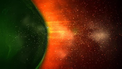 Wall Mural - green planet afire particle background 4k loop features a green revolving earth in a third of the sc