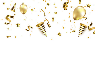 Aufkleber - Golden confetti with party poppers isolated. 