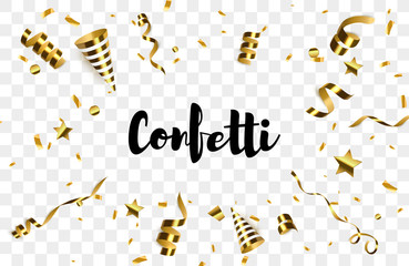 Wall Mural - golden confetti with party poppers isolated.