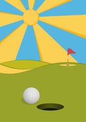 Wall Mural - Golf background. Abstract golf course, hole, flag and sun