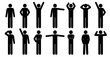 Set of stick people in different poses isolated on white background. Simple design stick figures. Black and white Icon or logo. Flat style vector illustration.