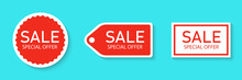 Sale Sticker Icon Set Isolated On A Blue Background. Red Color Special Offer, Discount Tag. Simple Realistic Design. Flat Style Vector Illustration.