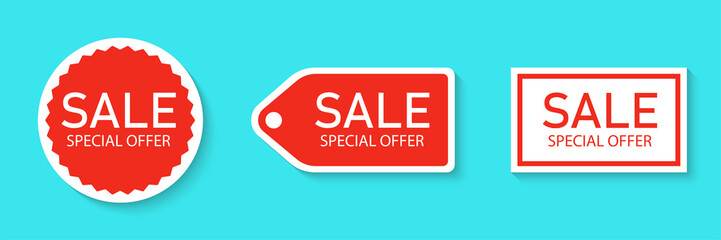 Wall Mural - Sale sticker icon set isolated on a blue background. Red color special offer, discount tag. Simple realistic design. Flat style vector illustration.