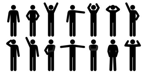set of stick people in different poses isolated on white background. simple design stick figures. bl
