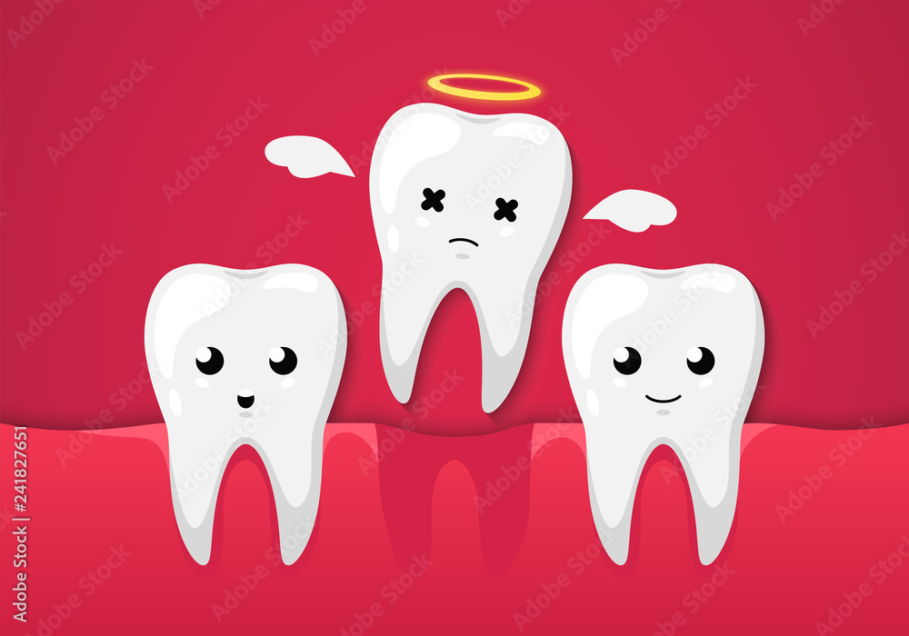 Tooth Defect Cartoon Tooth isolated on a red background. Cute cartoon character. Tooth ...