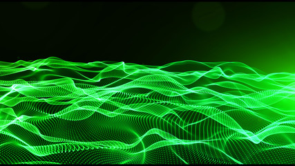 Wall Mural - Abstract green color digital particles wave with bokeh and light background