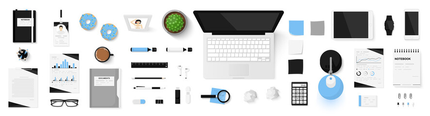 office objects set isolated on white background. working space. top view of workplace desk. realisti