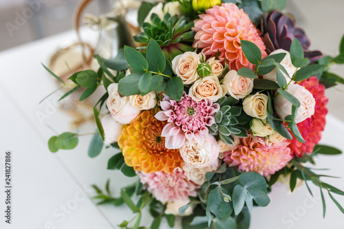 bright wedding bouquet of summer dahlias and roses © hiv360
