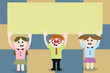 © Zofia - Flat design business Vector Illustration Empty copy space for Ad website promotion esp isolated Banner template. Three School Kids with both Arms Raising upward are Singing Smiling Talking