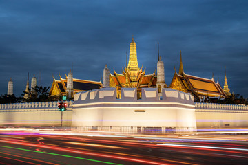 Twilight and coudy day at Wat Pha Keaw. Landmark in Bangkok, Thailand.