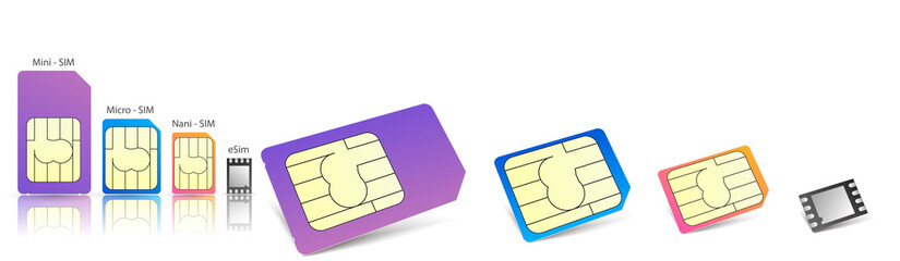 Aufkleber - Realistic sim cards icon set with different types mini micro and nano sim and eSim vector