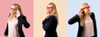 © luismolinero - Set of Middle-age blonde business woman with black jacket showing a sign of closing mouth and silence gesture, and listening something