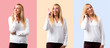 © luismolinero - Set of Middle age blonde woman with white shirt standing and thinking an idea