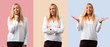 © luismolinero - Set of Middle age blonde woman with white shirt having doubts