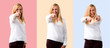 © luismolinero - Set of Middle age blonde woman with white shirt points finger at you with a confident expression on colorful background