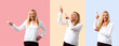 © luismolinero - Set of Middle age blonde woman with white shirt pointing with the index finger a great idea