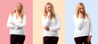 © luismolinero - Set of Middle age blonde woman with white shirt standing and looking to the side, up and front