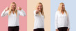 © luismolinero - Set of Middle age blonde woman with white shirt giving a thumbs up gesture and smiling
