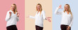 © luismolinero - Set of Middle age blonde woman with white shirt proud and self-satisfied in love yourself concept on colorful background