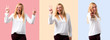 © luismolinero - Set of Middle age blonde woman with white shirt smiling and showing victory sign on colorful background