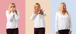 © luismolinero - Set of Middle age blonde woman with white shirt is a little bit nervous and scared