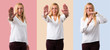 © luismolinero - Set of Middle age blonde woman with white shirt making stop gesture