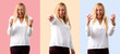 © luismolinero - Set of Middle age blonde woman with white shirt annoyed angry in furious gesture.