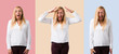 © luismolinero - Set of Middle age blonde woman with white shirt with surprise and shocked facial expression