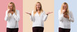 © luismolinero - Set of Middle age blonde woman with white shirt with surprise and shocked facial expression