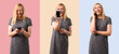 © luismolinero - Set of Middle-age blonde woman looking at the camera and smiling while using the mobile on colorful background