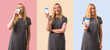 © luismolinero - Set of Middle-age blonde woman taking a coffee in takeaway paper cup and smiling because he will start the day well on colorful background