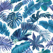 Vector seamless pattern with blue tropical leaves