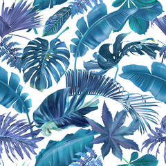 Wall Mural - Vector seamless pattern with blue tropical leaves