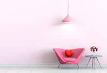 Interior Living Pink Room With Pink Sofa And Heart Valentine. 3D Render