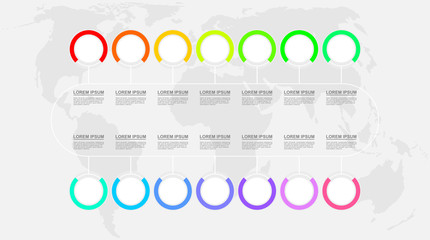 Poster - Infographic vector template for business presentation, diagram, workflow concept with 14 options on world map background