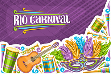 Vector greeting card for Rio Carnival with copy space, illustration of colorful venetian mask, drums with drumsticks, layout for carnaval in Rio de Janeiro, lettering for words rio carnival on purple.