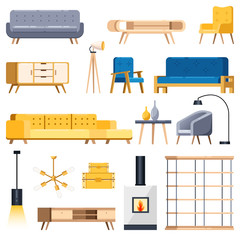 Living room modern interior isolated icons and design elements. Vector flat illustration. Cozy apartment furniture