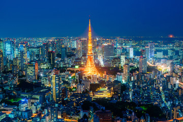 Tokyo tower night time, wide angle view, Japan.