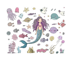 Marine illustrations set. Little cute cartoon mermaid