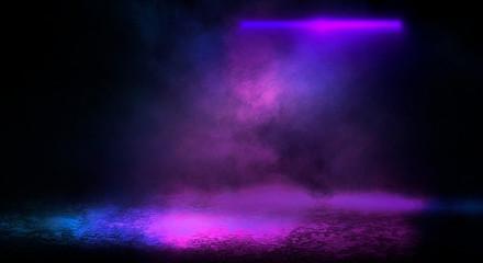 background of empty room with spotlights and lights, abstract purple background with neon glow