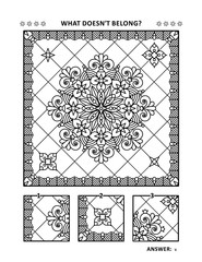 Wall Mural - Coloring page for adults (children ok, too) and visual puzzle: What does not belong? Spot the odd one out. Find the detail that is not the fragment of the main picture. Answer included.